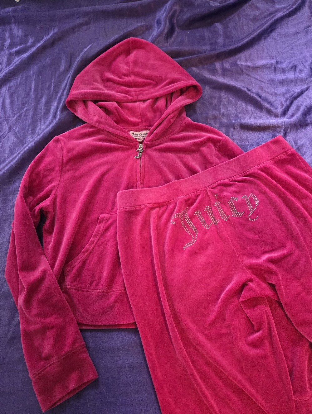 Juicy Couture Hot Pink Velour Hoodie & Rhinestone Logo Joggers Size L
